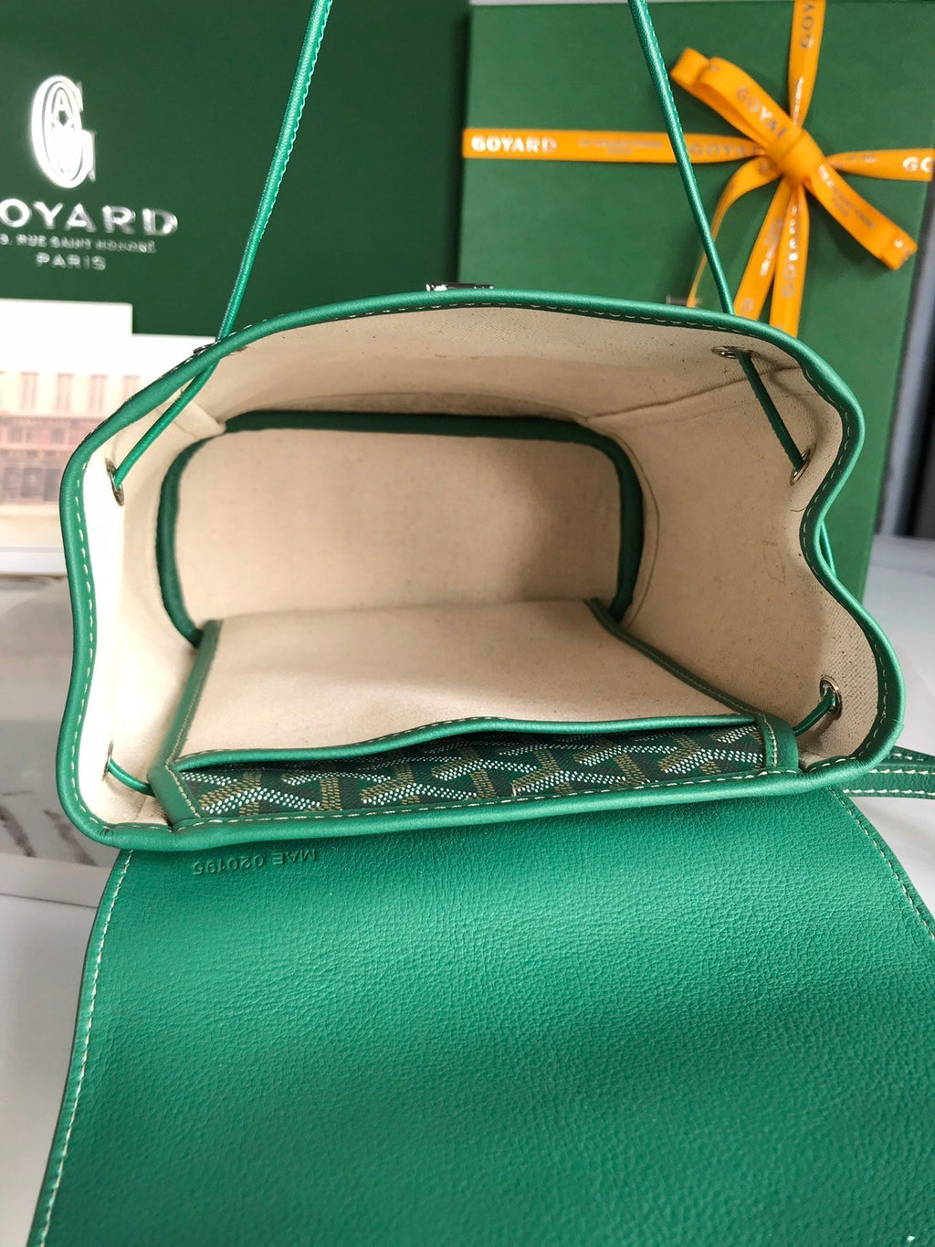 GOYARD ALPIN MINI BACKPACK 21 IN GREEN LAMBSKIN AND GOYARDINE CANVAS