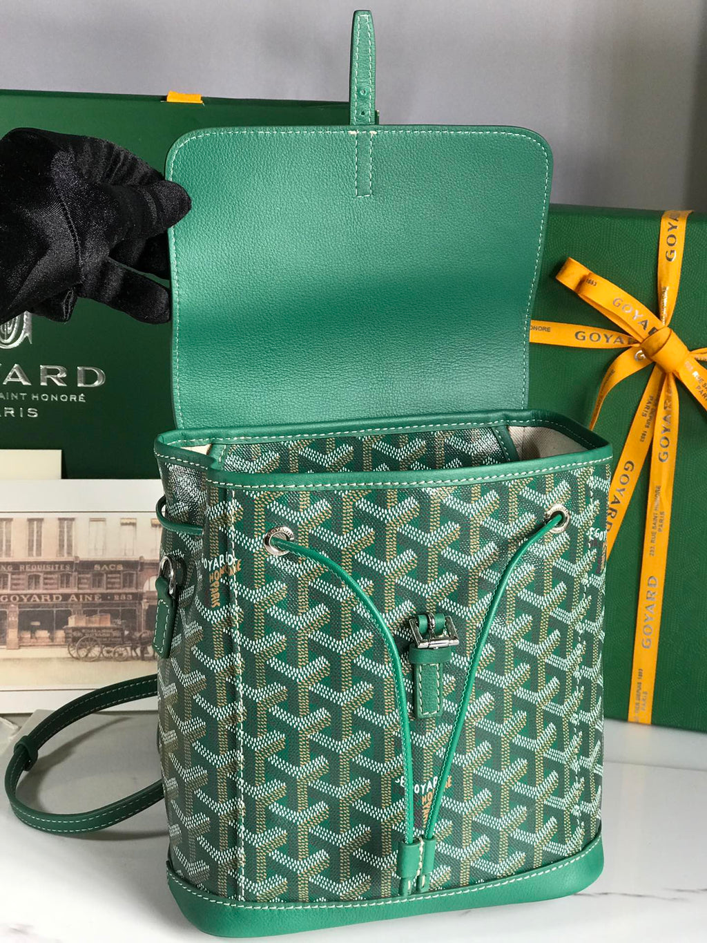 GOYARD ALPIN MINI BACKPACK 21 IN GREEN LAMBSKIN AND GOYARDINE CANVAS