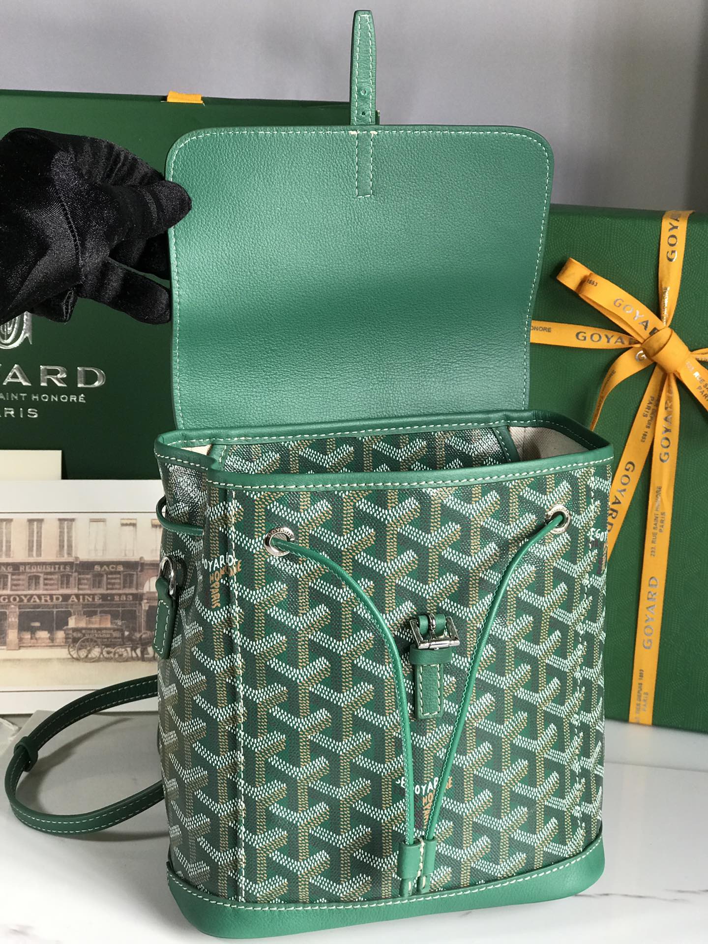 GOYARD ALPIN MINI BACKPACK 21 IN GREEN LAMBSKIN AND GOYARDINE CANVAS