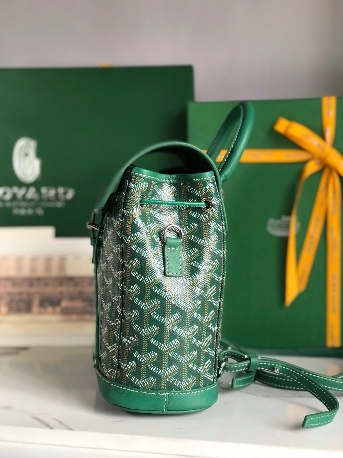 GOYARD ALPIN MINI BACKPACK 21 IN GREEN LAMBSKIN AND GOYARDINE CANVAS