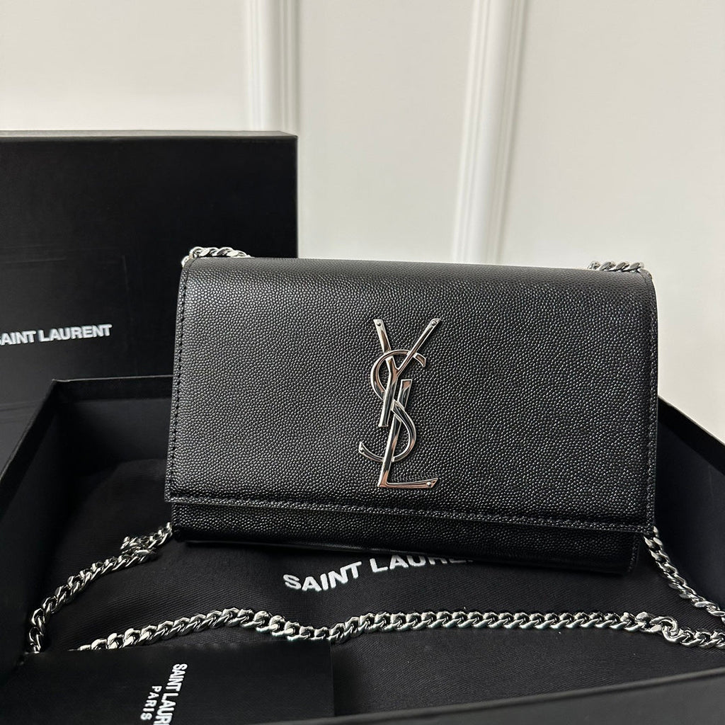 SAINT LAURENT KATE 20 SMALL IN CALFSKIN BLACK WITH SILVER LOGO