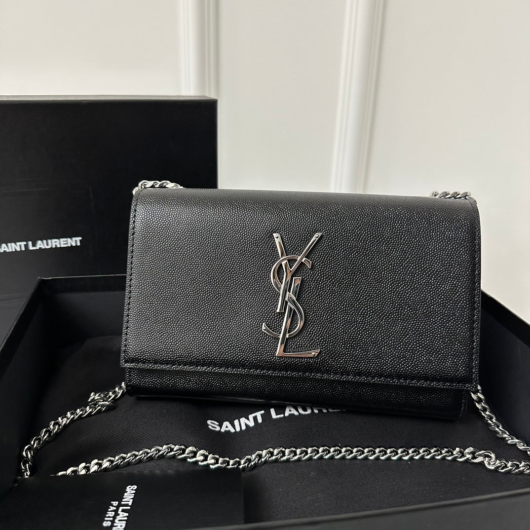 SAINT LAURENT KATE 20 SMALL IN CALFSKIN BLACK WITH SILVER LOGO