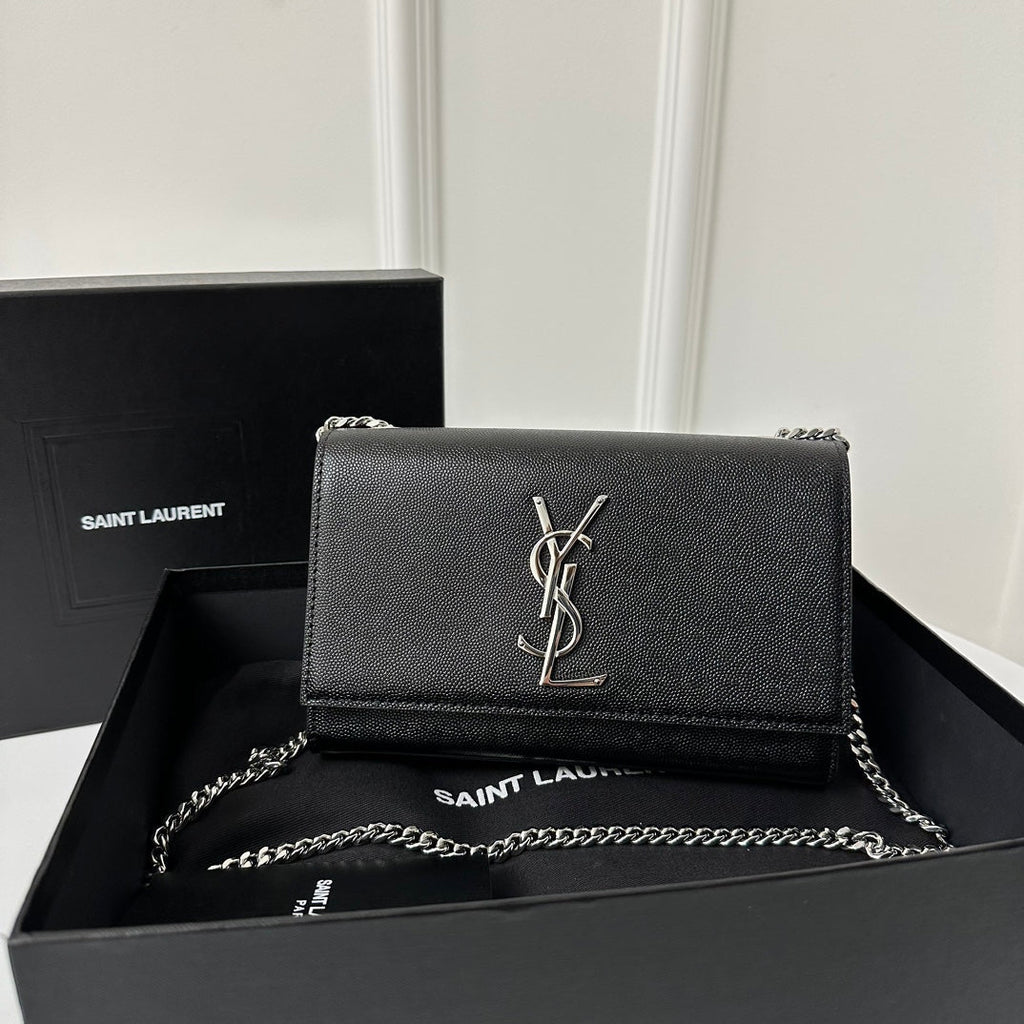 SAINT LAURENT KATE 20 SMALL IN CALFSKIN BLACK WITH SILVER LOGO