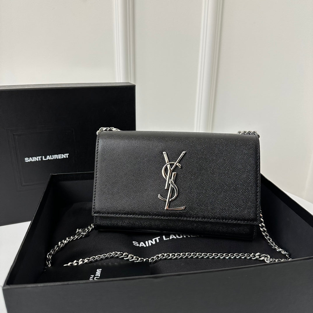SAINT LAURENT KATE 20 SMALL IN CALFSKIN BLACK WITH SILVER LOGO
