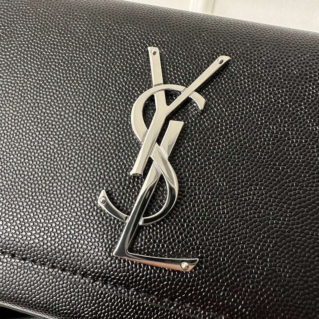 SAINT LAURENT KATE 20 SMALL IN CALFSKIN BLACK WITH SILVER LOGO