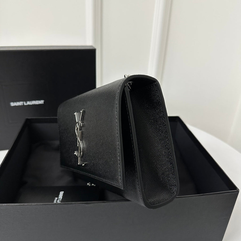 SAINT LAURENT KATE 20 SMALL IN CALFSKIN BLACK WITH SILVER LOGO