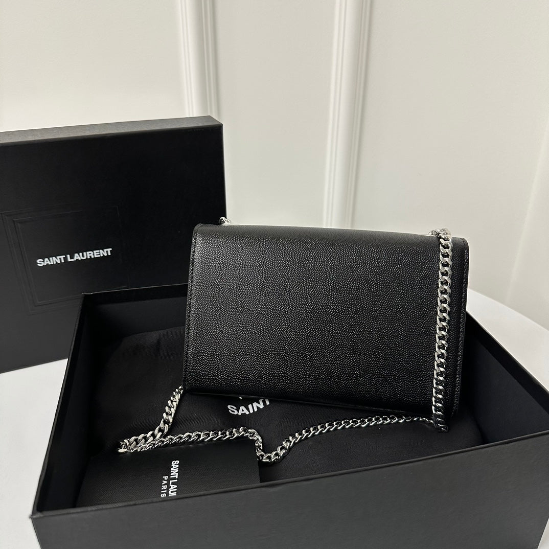 SAINT LAURENT KATE 20 SMALL IN CALFSKIN BLACK WITH SILVER LOGO