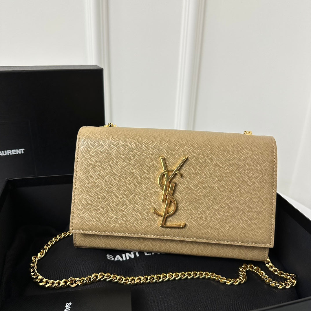SAINT LAURENT KATE 20 SMALL IN CALFSKIN BEIGE CREAM WITH GOLD LOGO