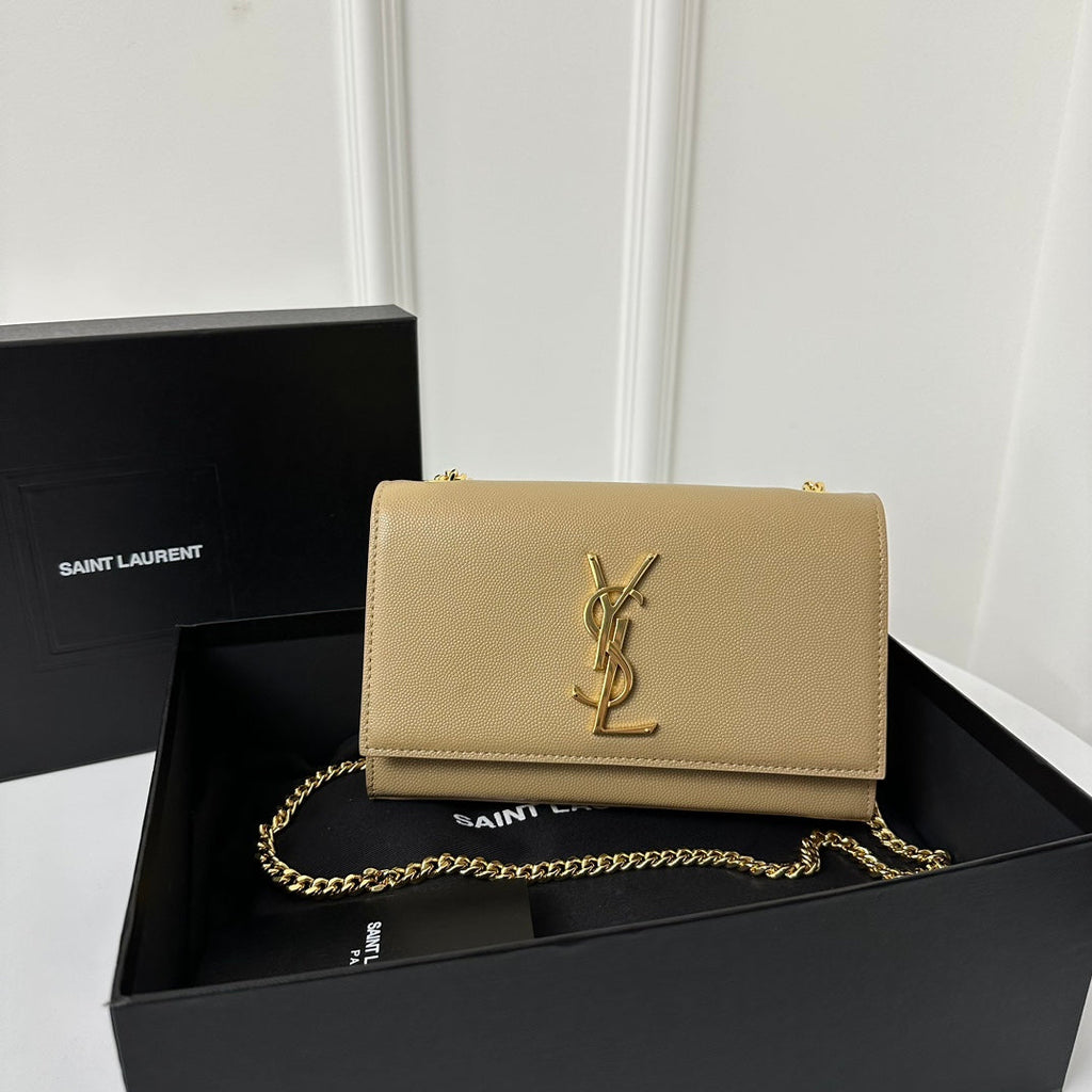 SAINT LAURENT KATE 20 SMALL IN CALFSKIN BEIGE CREAM WITH GOLD LOGO
