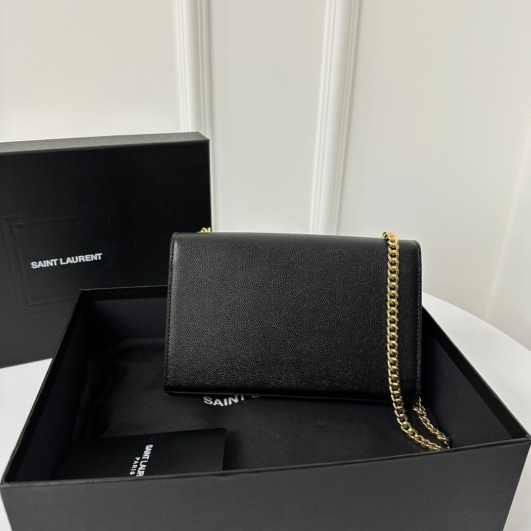 SAINT LAURENT KATE 20 SMALL IN CALFSKIN BLACK WITH GOLD LOGO