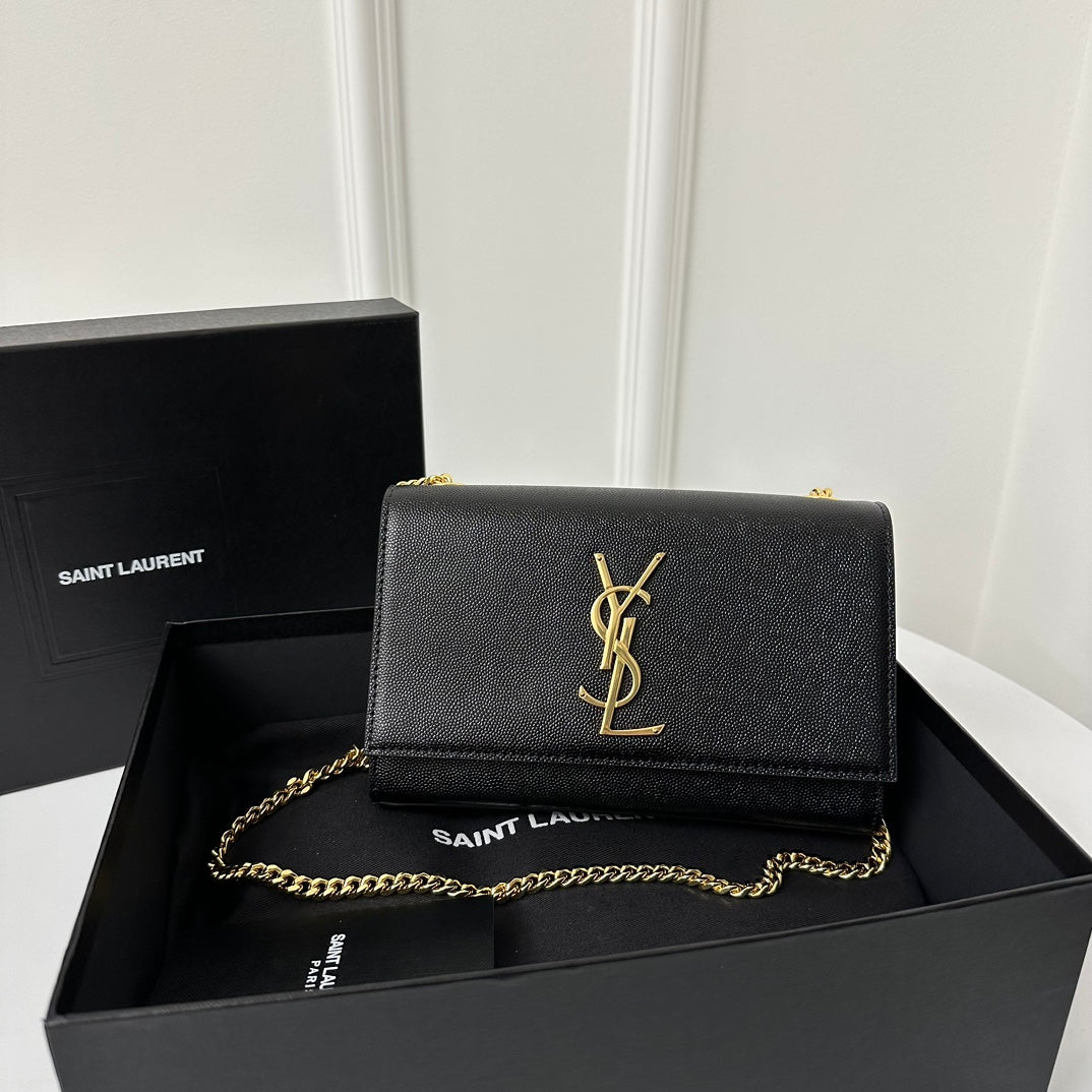 SAINT LAURENT KATE 20 SMALL IN CALFSKIN BLACK WITH GOLD LOGO