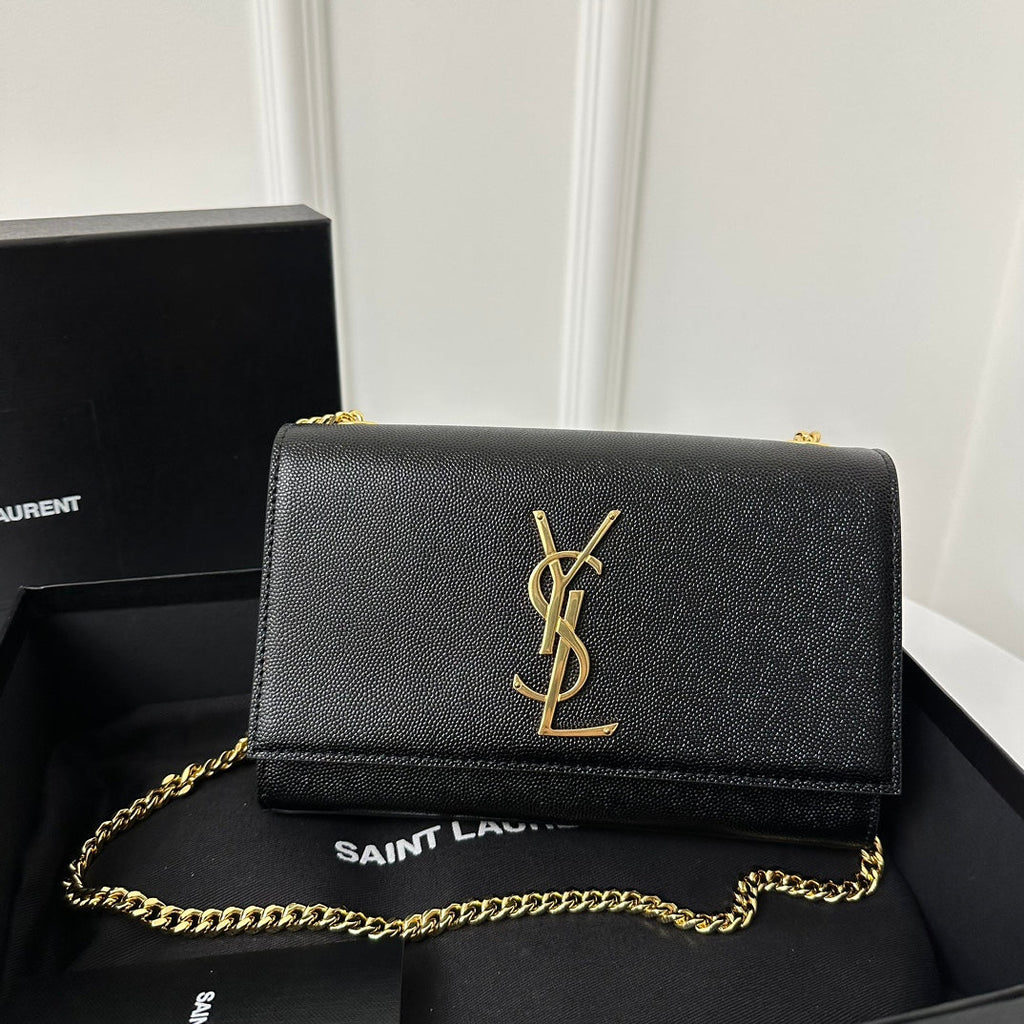 SAINT LAURENT KATE 20 SMALL IN CALFSKIN BLACK WITH GOLD LOGO