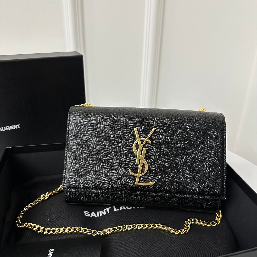 SAINT LAURENT KATE 20 SMALL IN CALFSKIN BLACK WITH GOLD LOGO