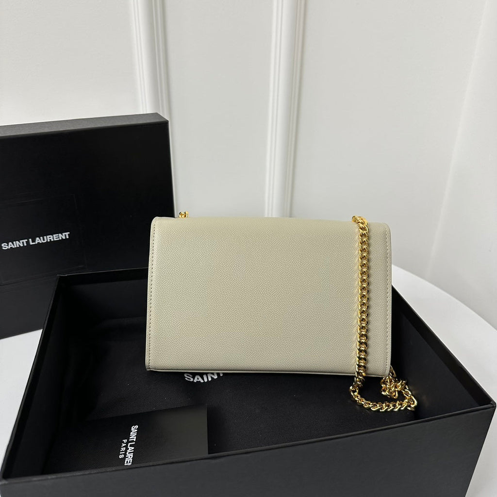 SAINT LAURENT KATE 20 SMALL IN CALFSKIN WHITE WITH GOLD LOGO