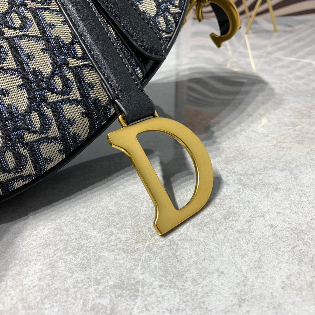 DIOR CD Saddle Bag Strap With Strap 25.5cm Blue Obique Embroidery