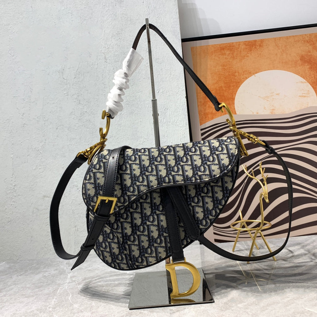 DIOR CD Saddle Bag Strap With Strap 25.5cm Blue Obique Embroidery