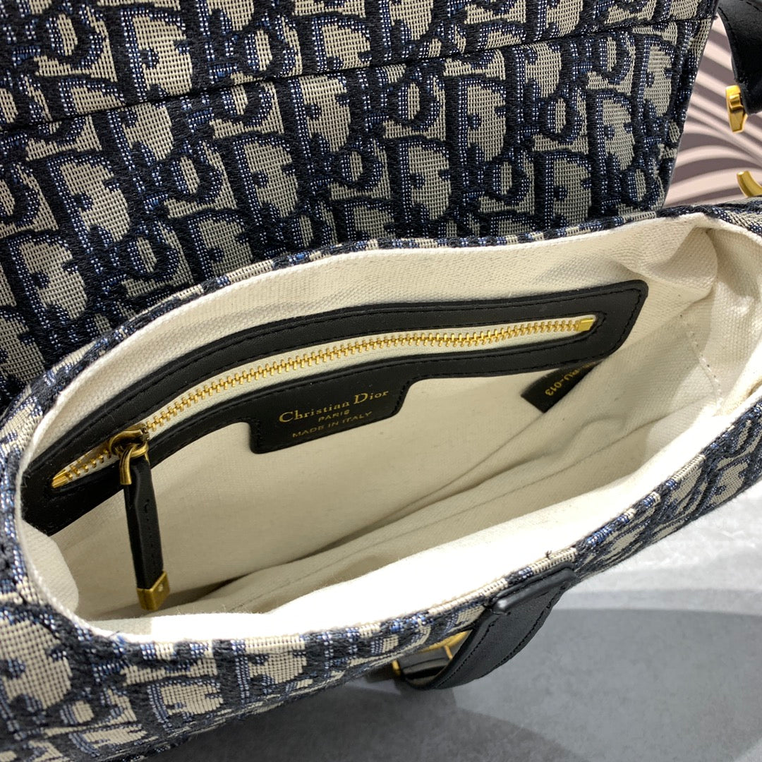 DIOR CD Saddle Bag Strap With Strap 25.5cm Blue Obique Embroidery