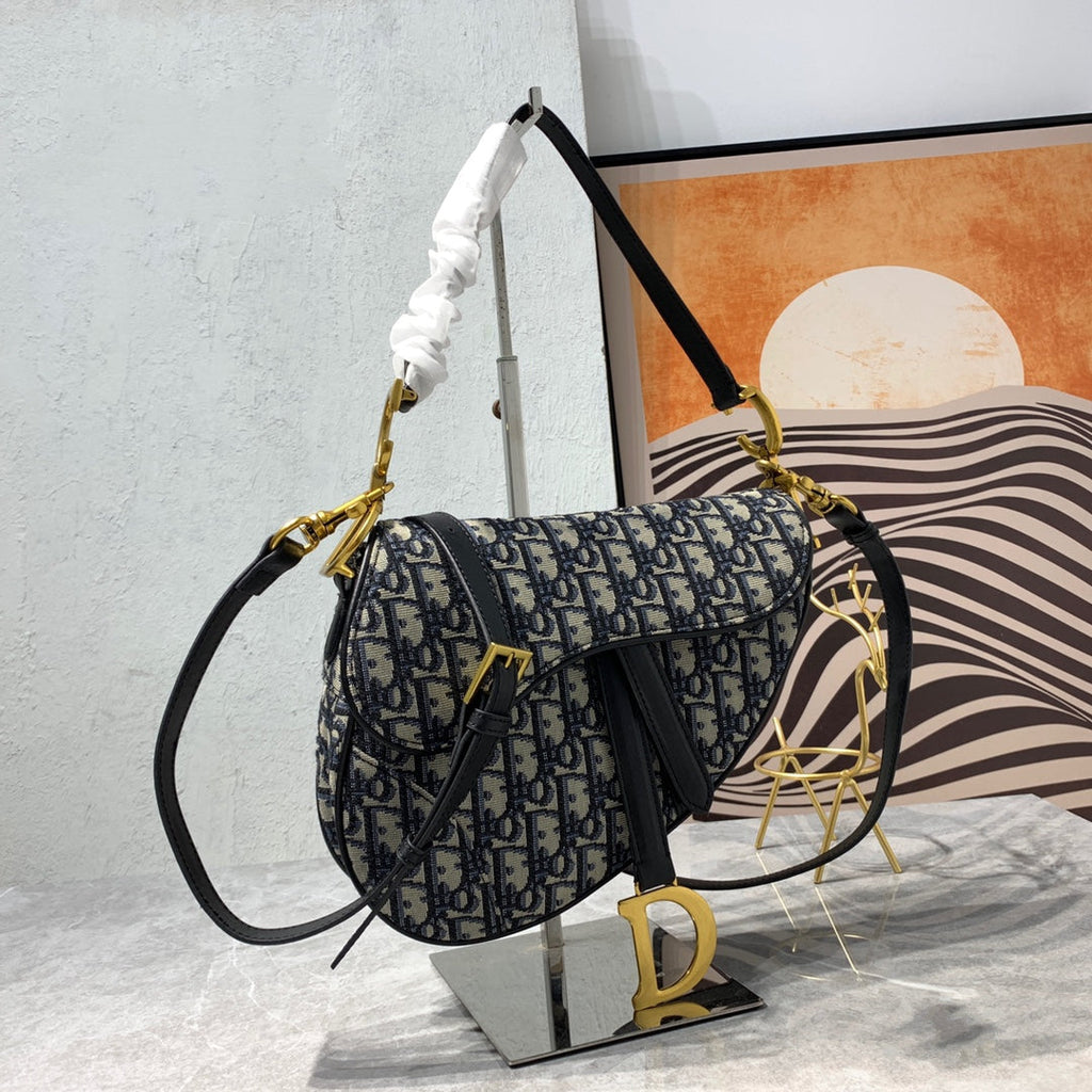 DIOR CD Saddle Bag Strap With Strap 25.5cm Blue Obique Embroidery