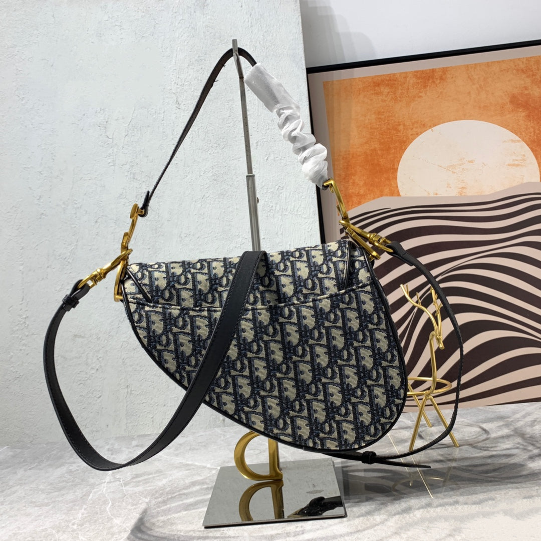 DIOR CD Saddle Bag Strap With Strap 25.5cm Blue Obique Embroidery