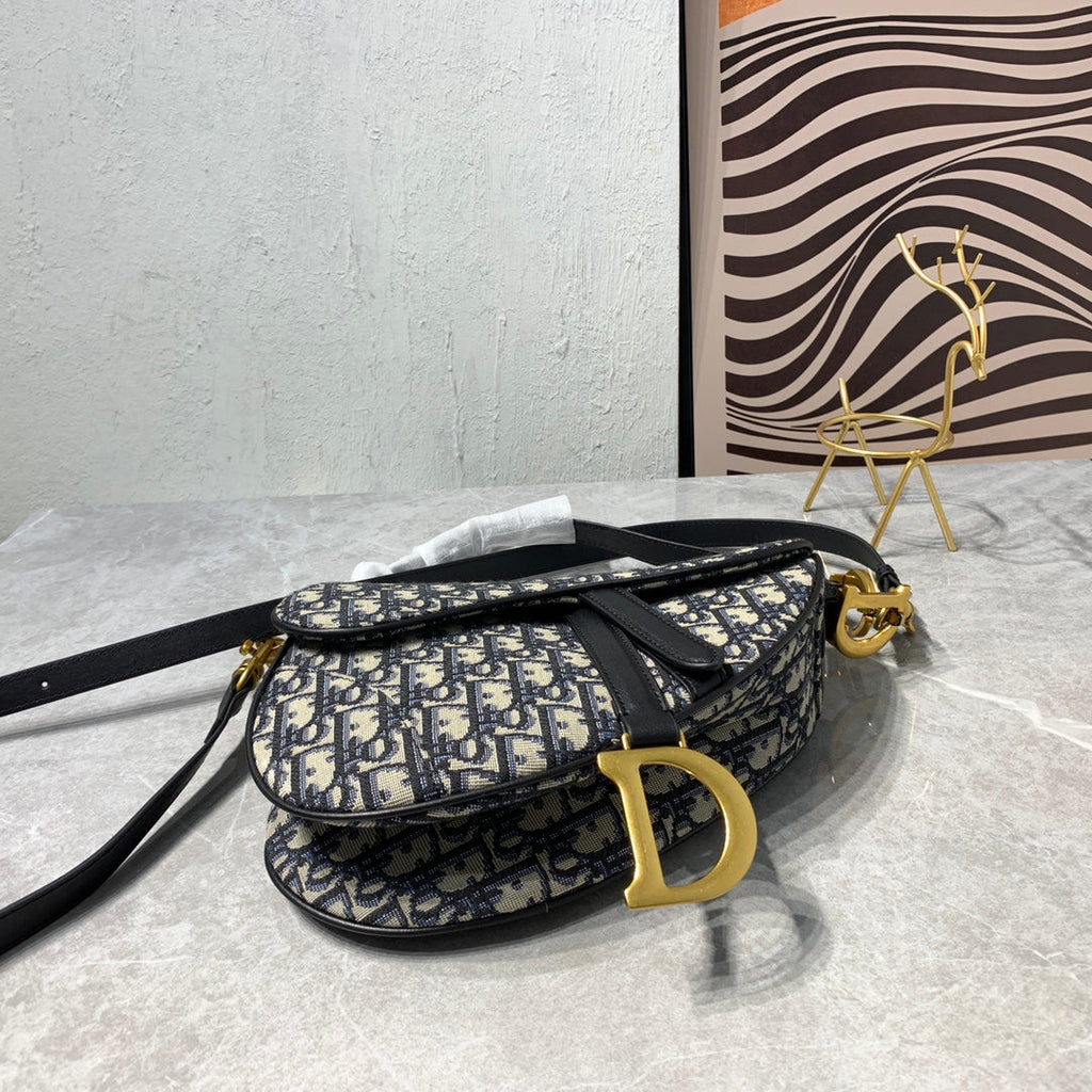 DIOR CD Saddle Bag Strap With Strap 25.5cm Blue Obique Embroidery