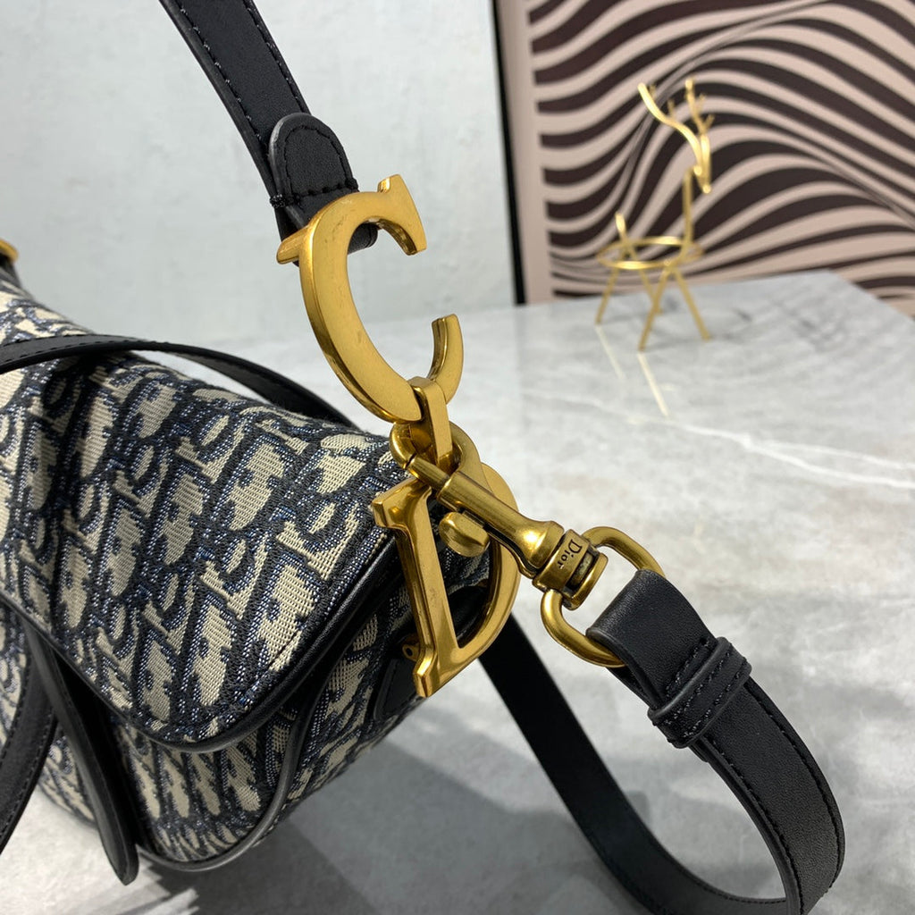 DIOR CD Saddle Bag Strap With Strap 25.5cm Blue Obique Embroidery