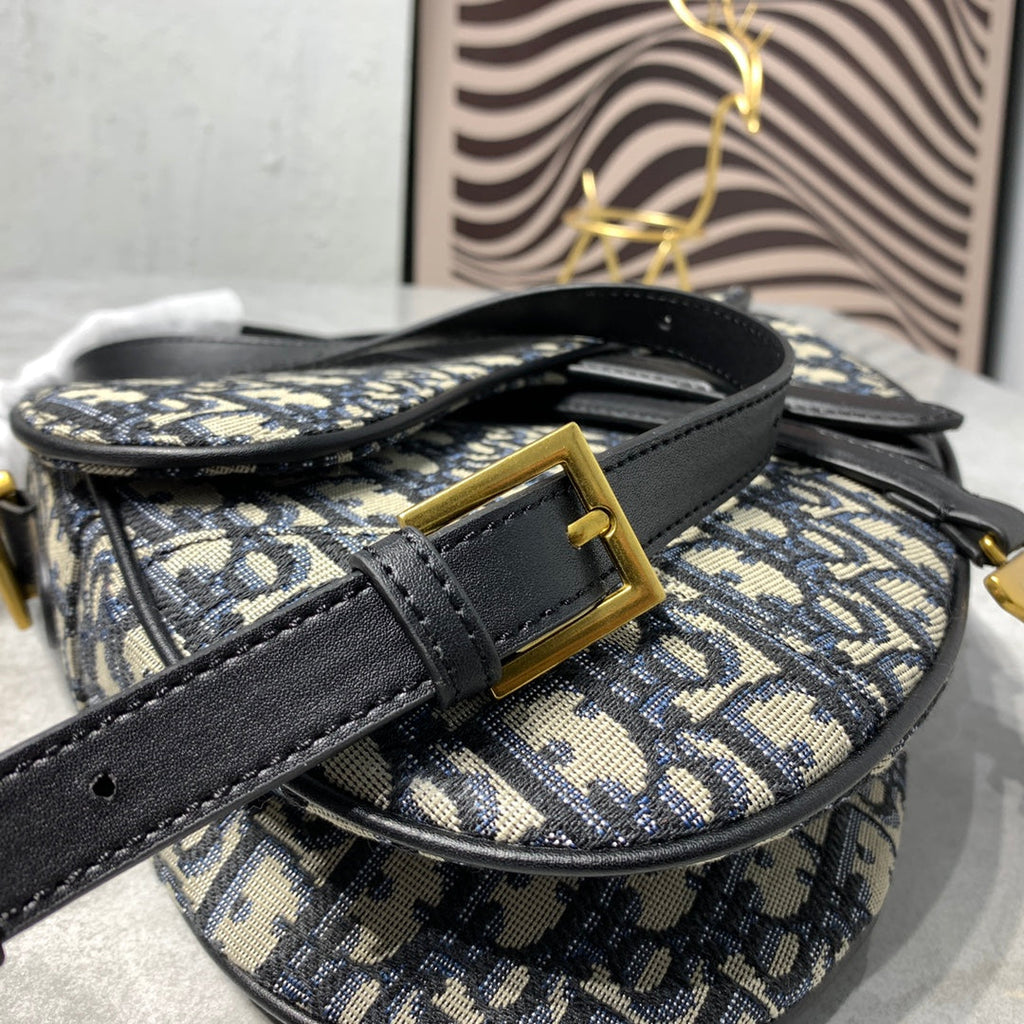 DIOR CD Saddle Bag Strap With Strap 25.5cm Blue Obique Embroidery