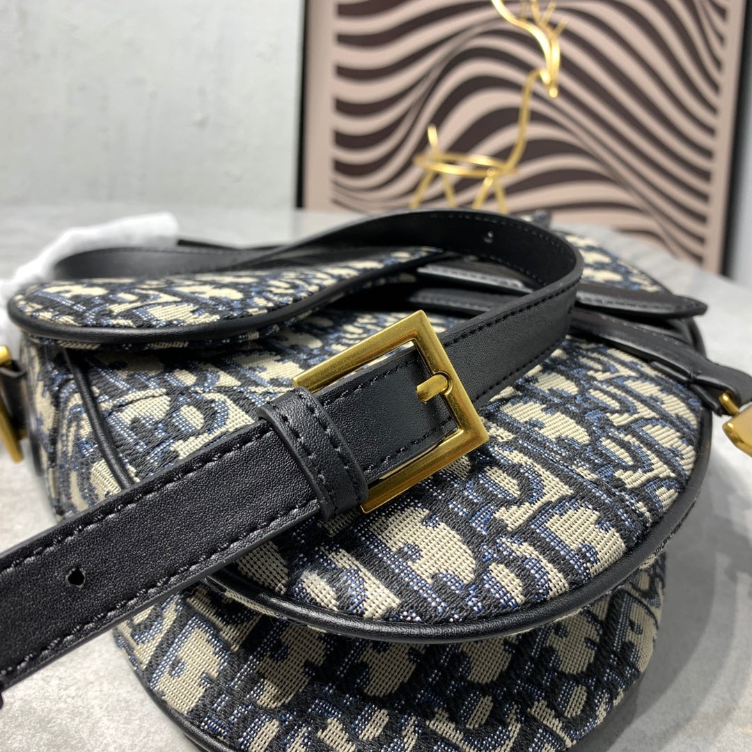 DIOR CD Saddle Bag Strap With Strap 25.5cm Blue Obique Embroidery