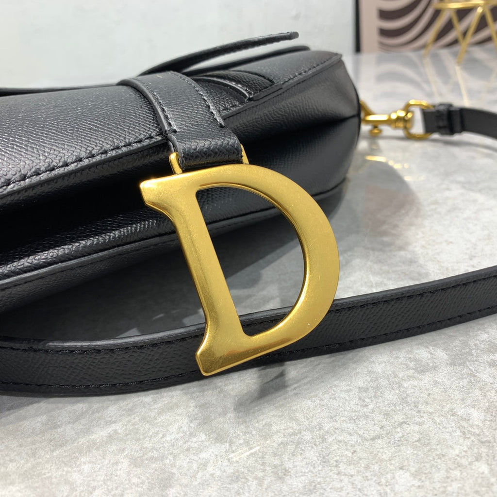 DIOR CD Saddle Bag Strap Warm Taupe Grained Black Calfskin