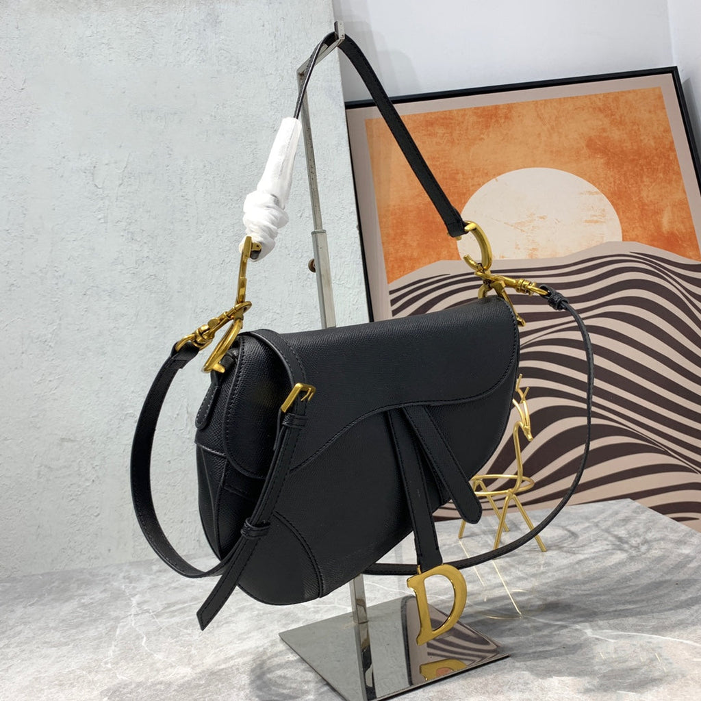 DIOR CD Saddle Bag Strap Warm Taupe Grained Black Calfskin