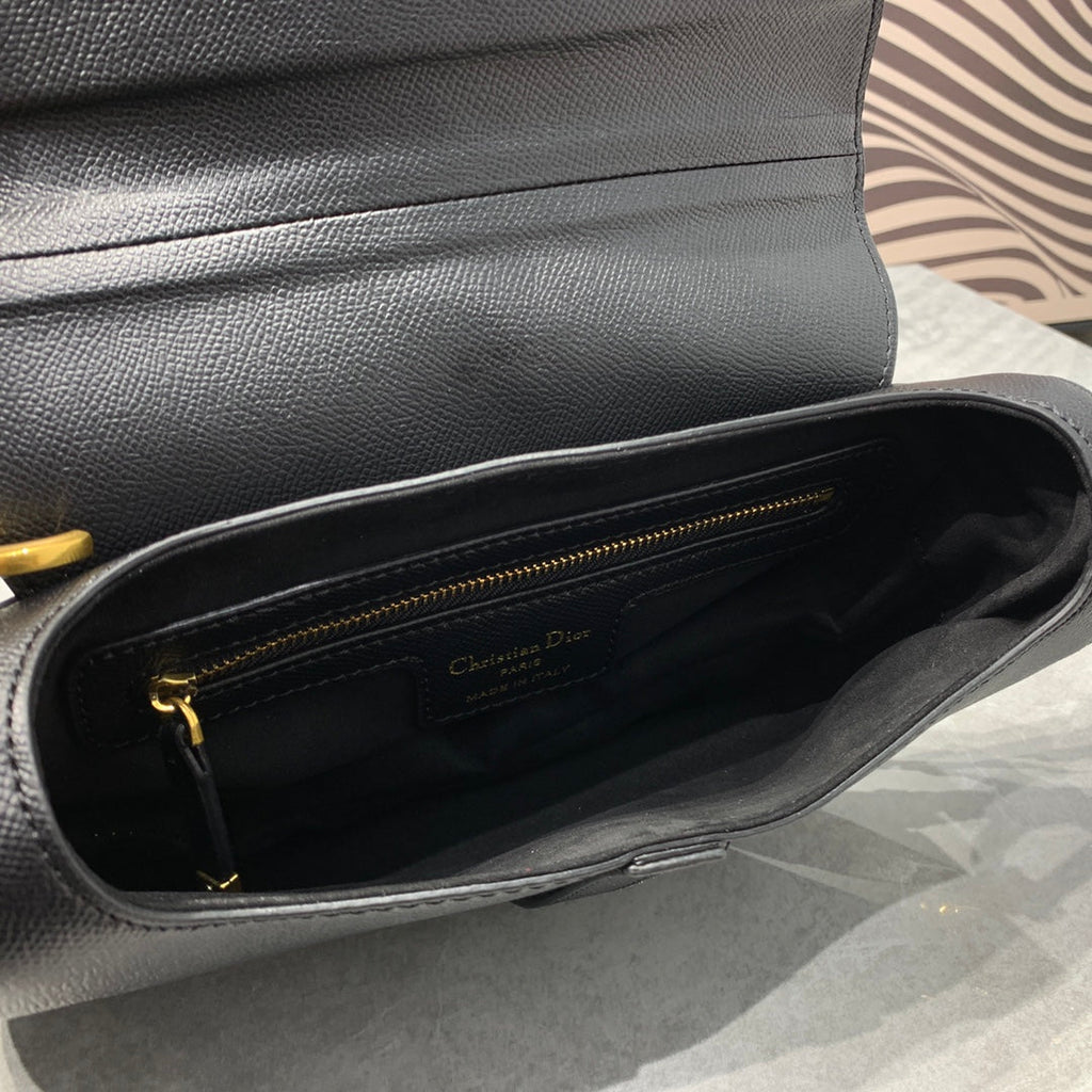 DIOR CD Saddle Bag Strap Warm Taupe Grained Black Calfskin