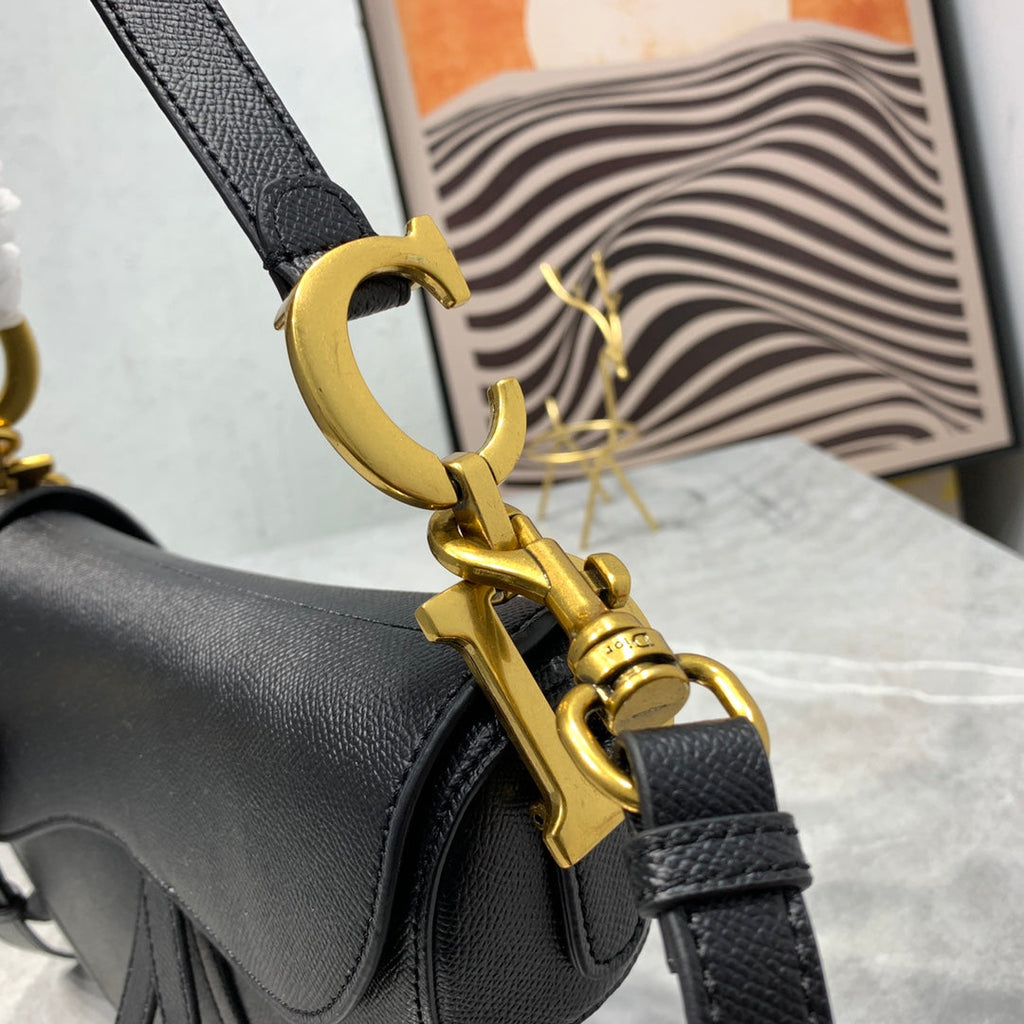 DIOR CD Saddle Bag Strap Warm Taupe Grained Black Calfskin