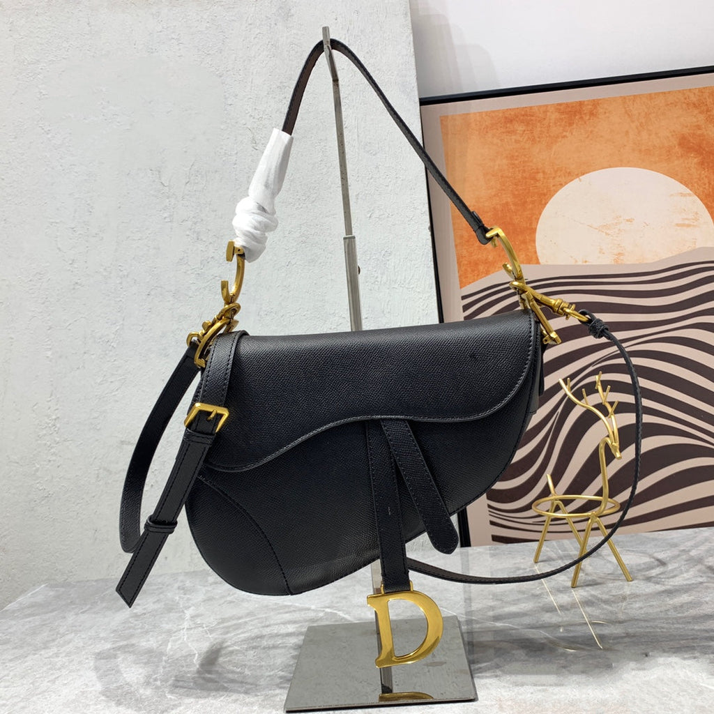 DIOR CD Saddle Bag Strap Warm Taupe Grained Black Calfskin