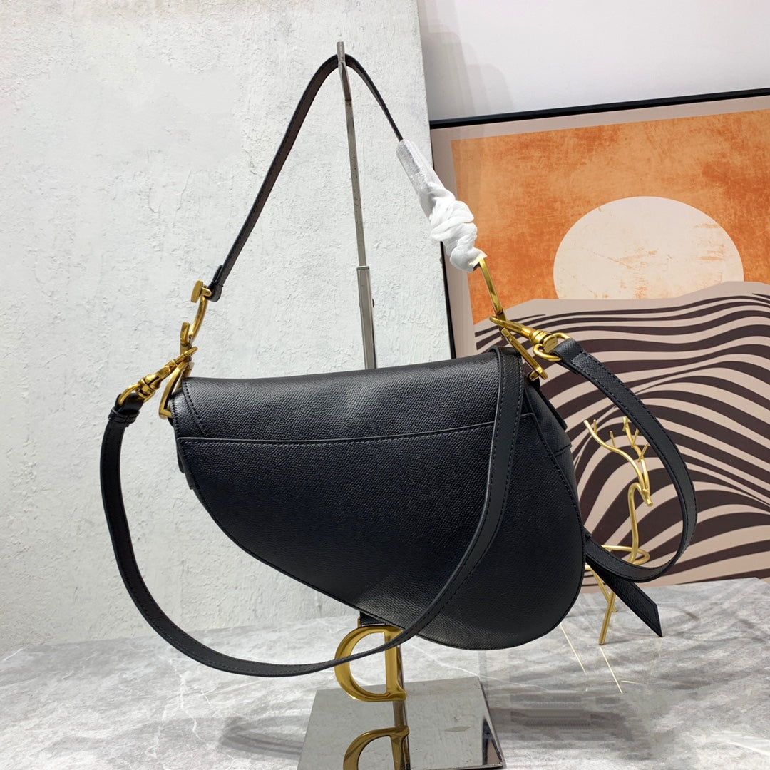 DIOR CD Saddle Bag Strap Warm Taupe Grained Black Calfskin