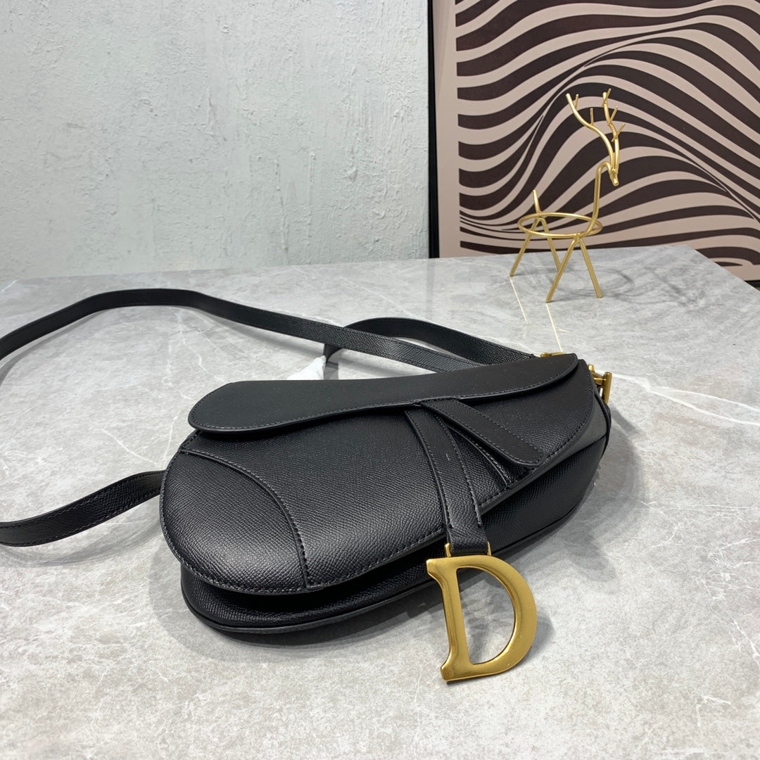 DIOR CD Saddle Bag Strap Warm Taupe Grained Black Calfskin