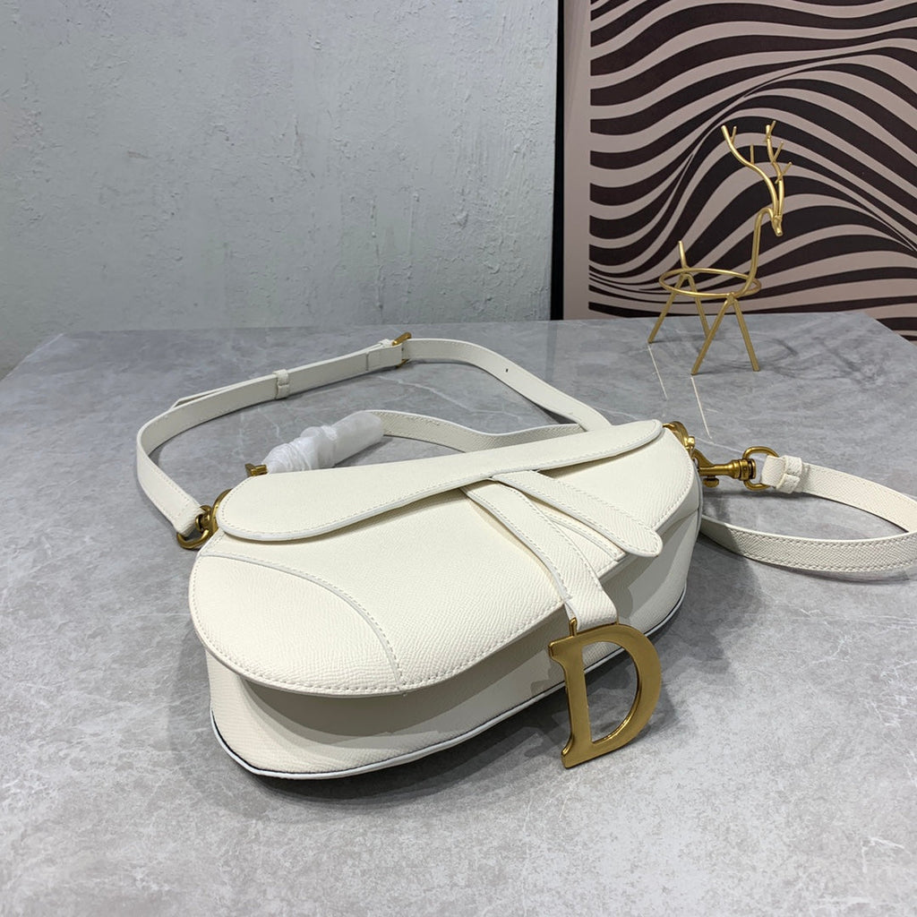 DIOR CD Saddle Bag Strap Warm Taupe Grained White Calfskin