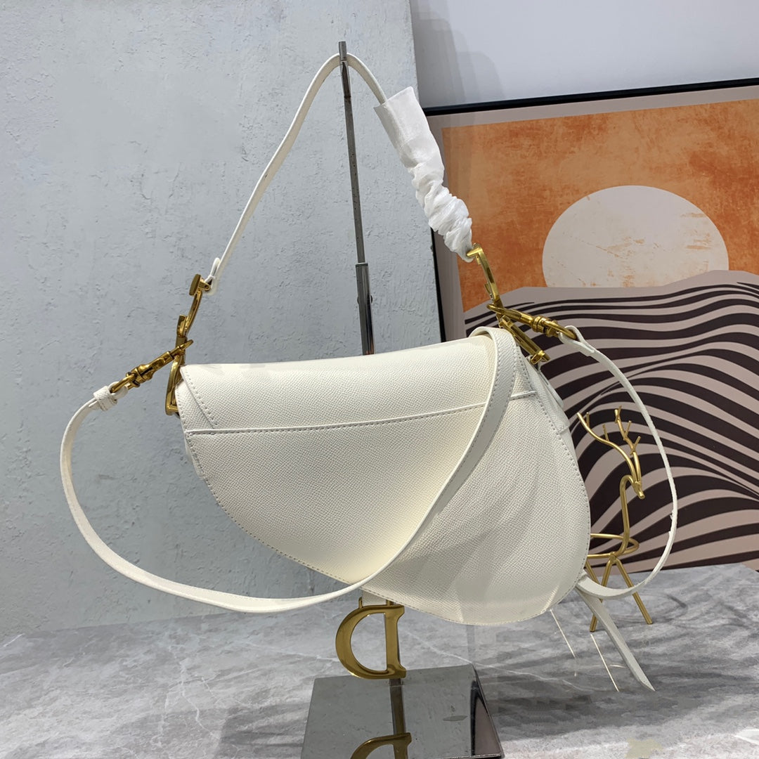 DIOR CD Saddle Bag Strap Warm Taupe Grained White Calfskin