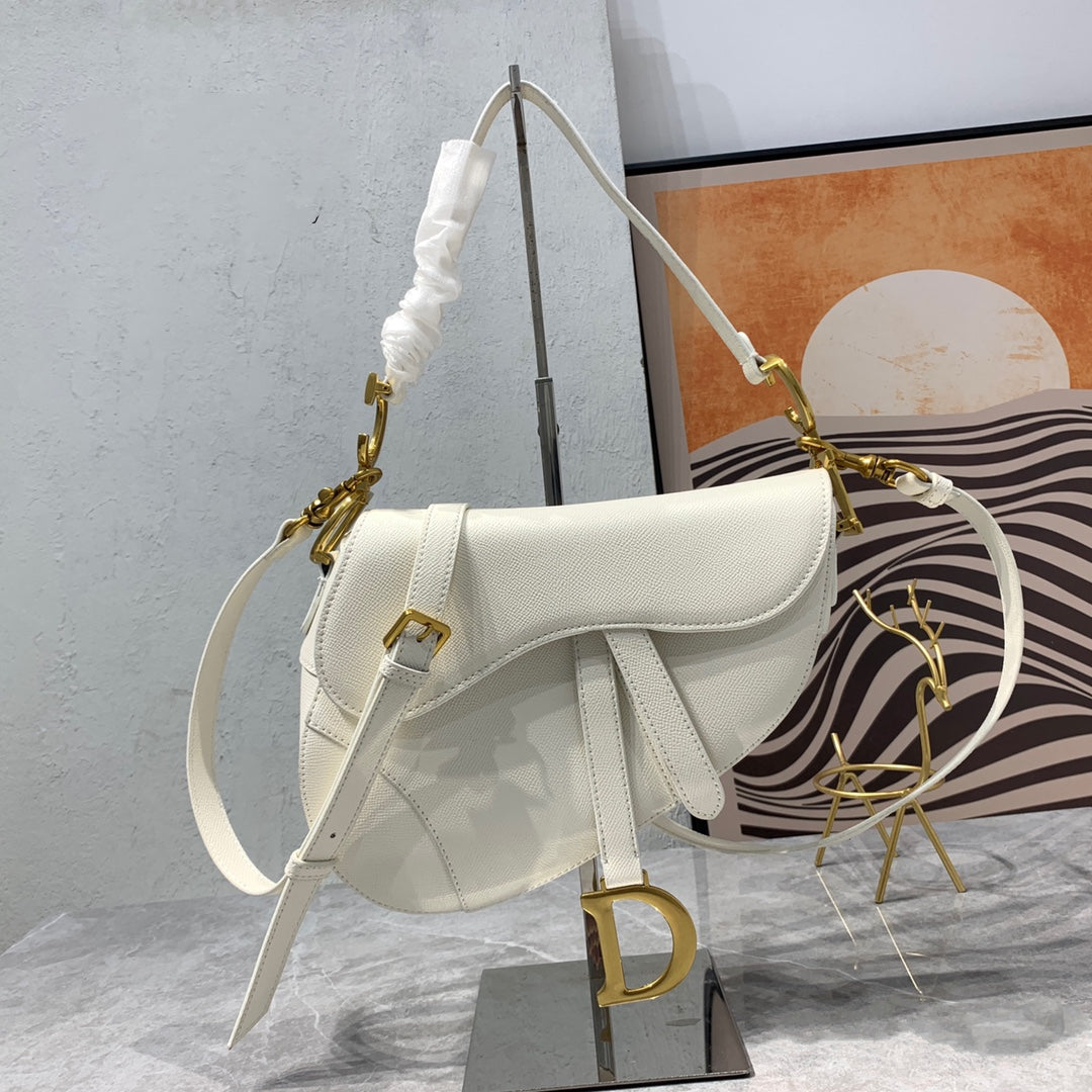 DIOR CD Saddle Bag Strap Warm Taupe Grained White Calfskin