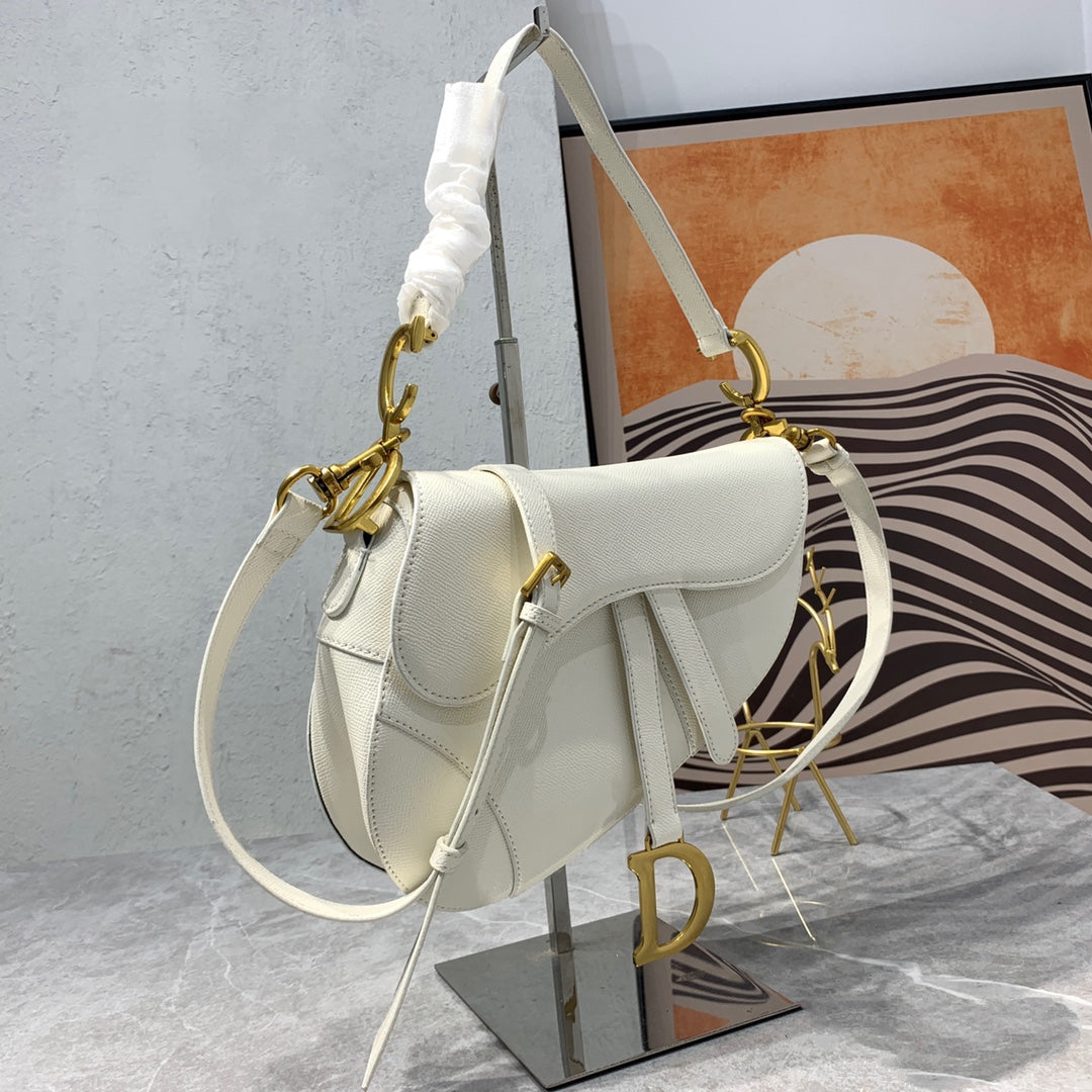 DIOR CD Saddle Bag Strap Warm Taupe Grained White Calfskin