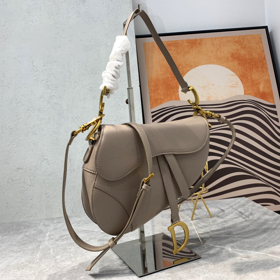 DIOR CD Saddle Bag Strap Warm Taupe Grained Brown Calfskin