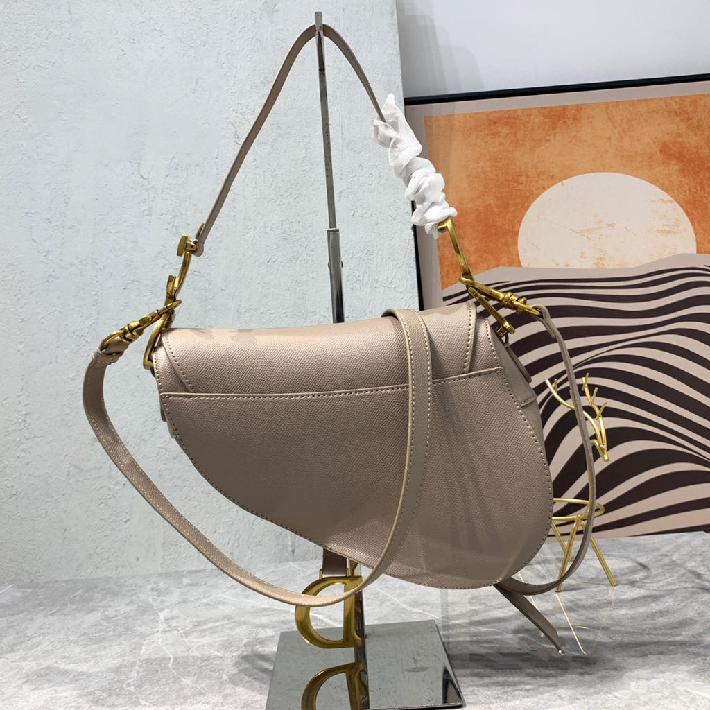 DIOR CD Saddle Bag Strap Warm Taupe Grained Brown Calfskin