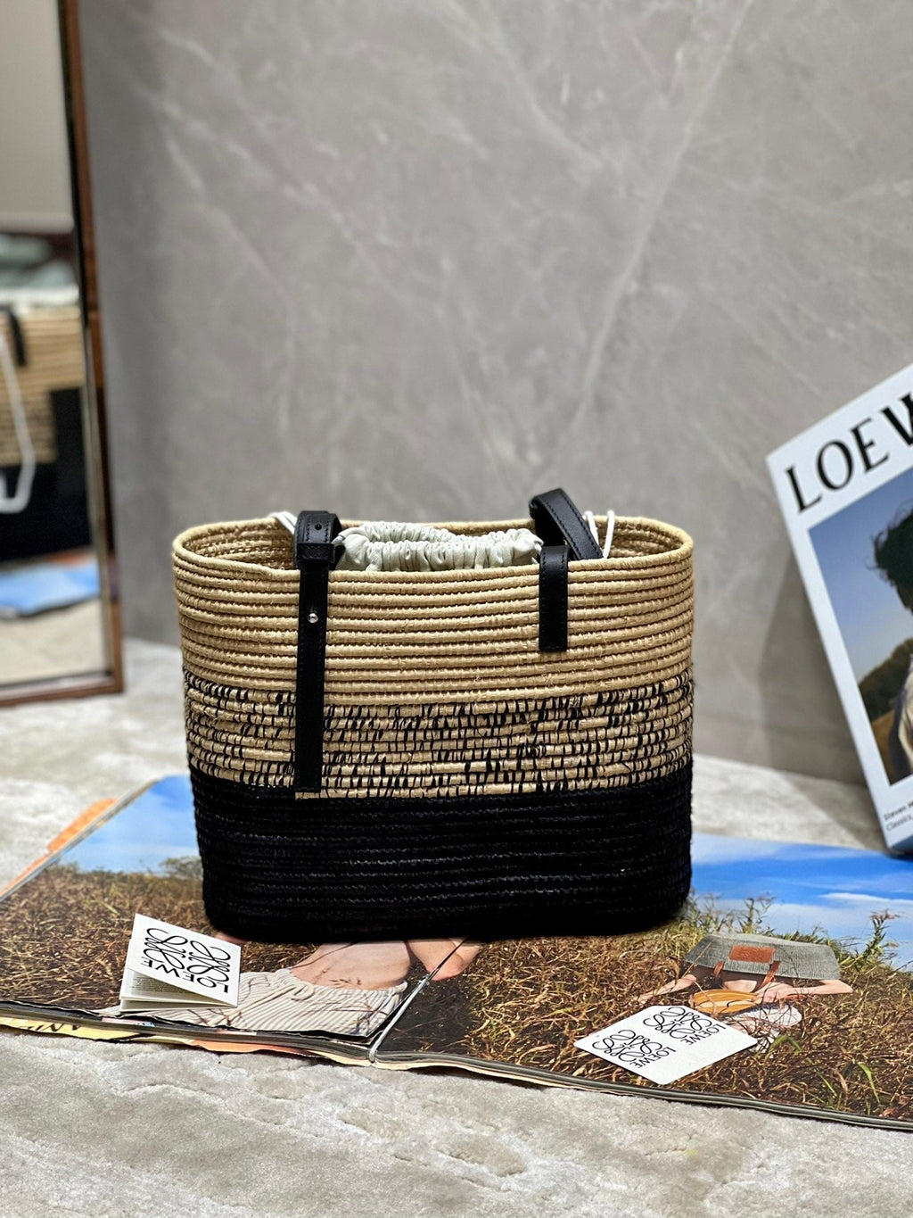 LOEWE LOE BASKET BAG 28 IN NATURAL MIX BLACK RAFFIA