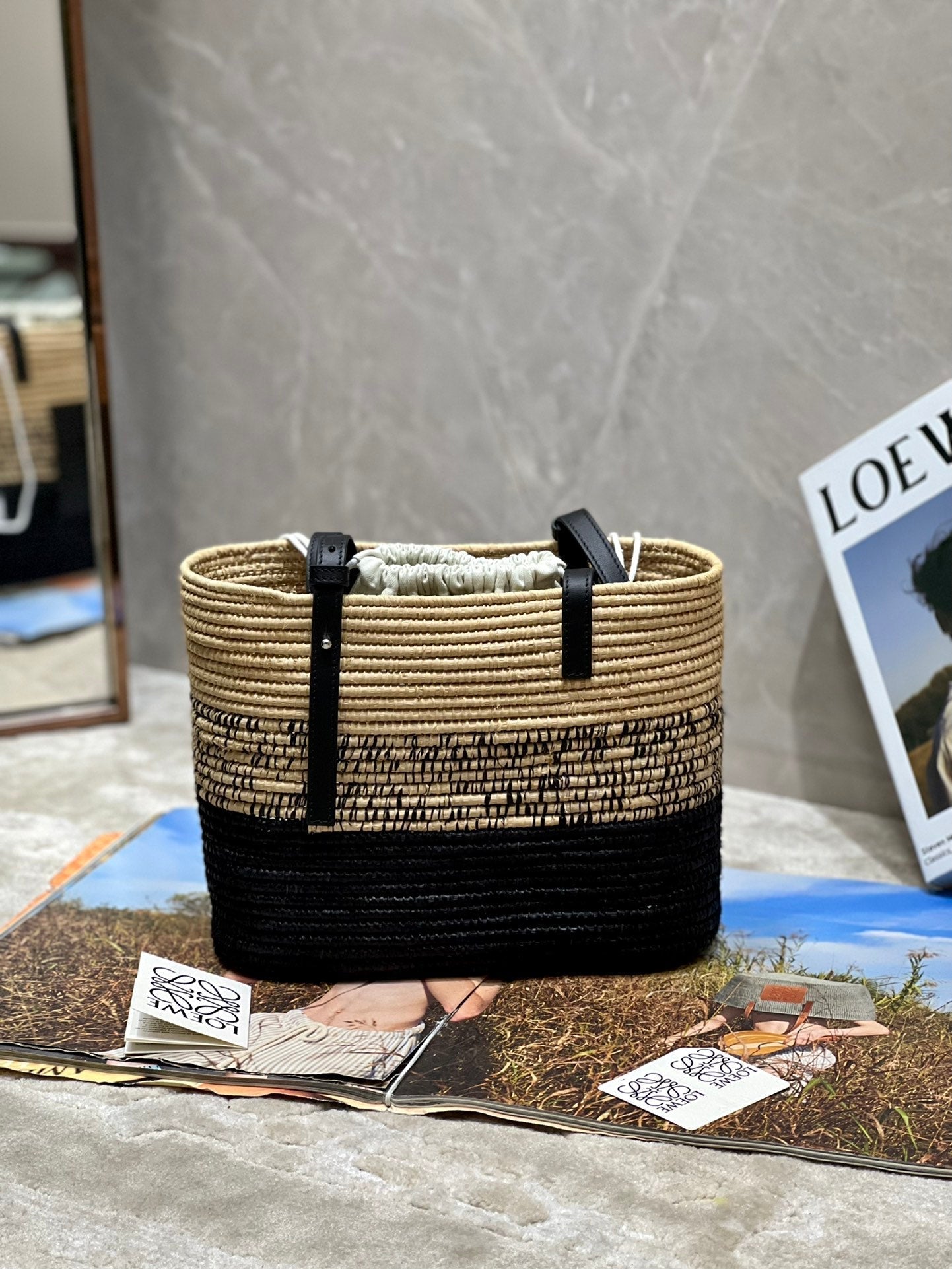 LOEWE LOE BASKET BAG 28 IN NATURAL MIX BLACK RAFFIA