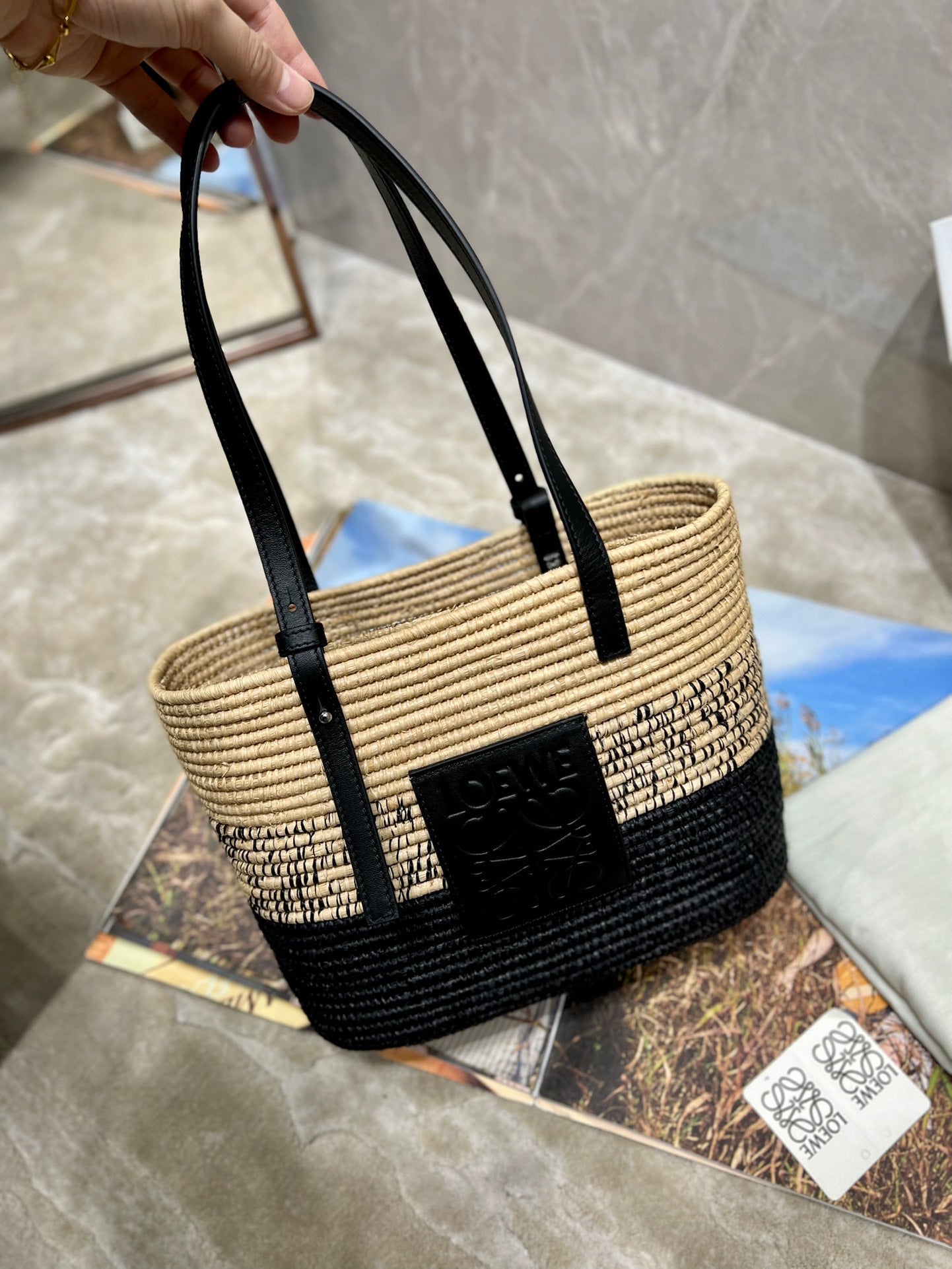LOEWE LOE BASKET BAG 28 IN NATURAL MIX BLACK RAFFIA