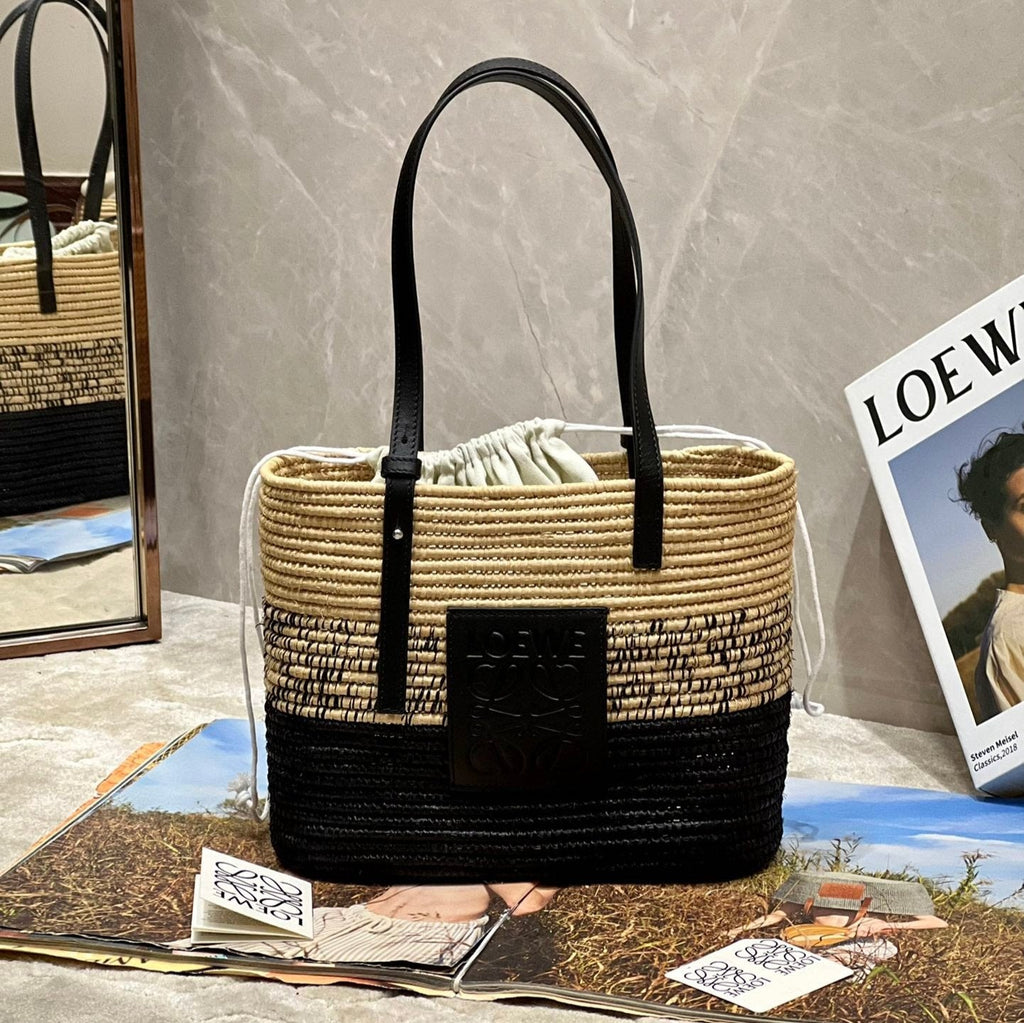 LOEWE LOE BASKET BAG 28 IN NATURAL MIX BLACK RAFFIA