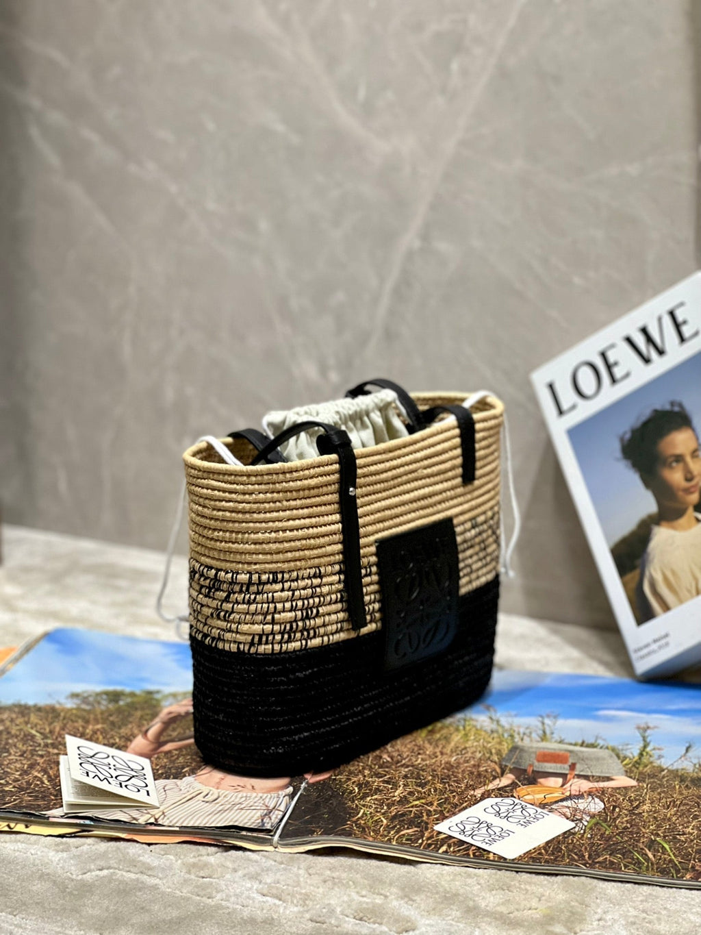 LOEWE LOE BASKET BAG 28 IN NATURAL MIX BLACK RAFFIA