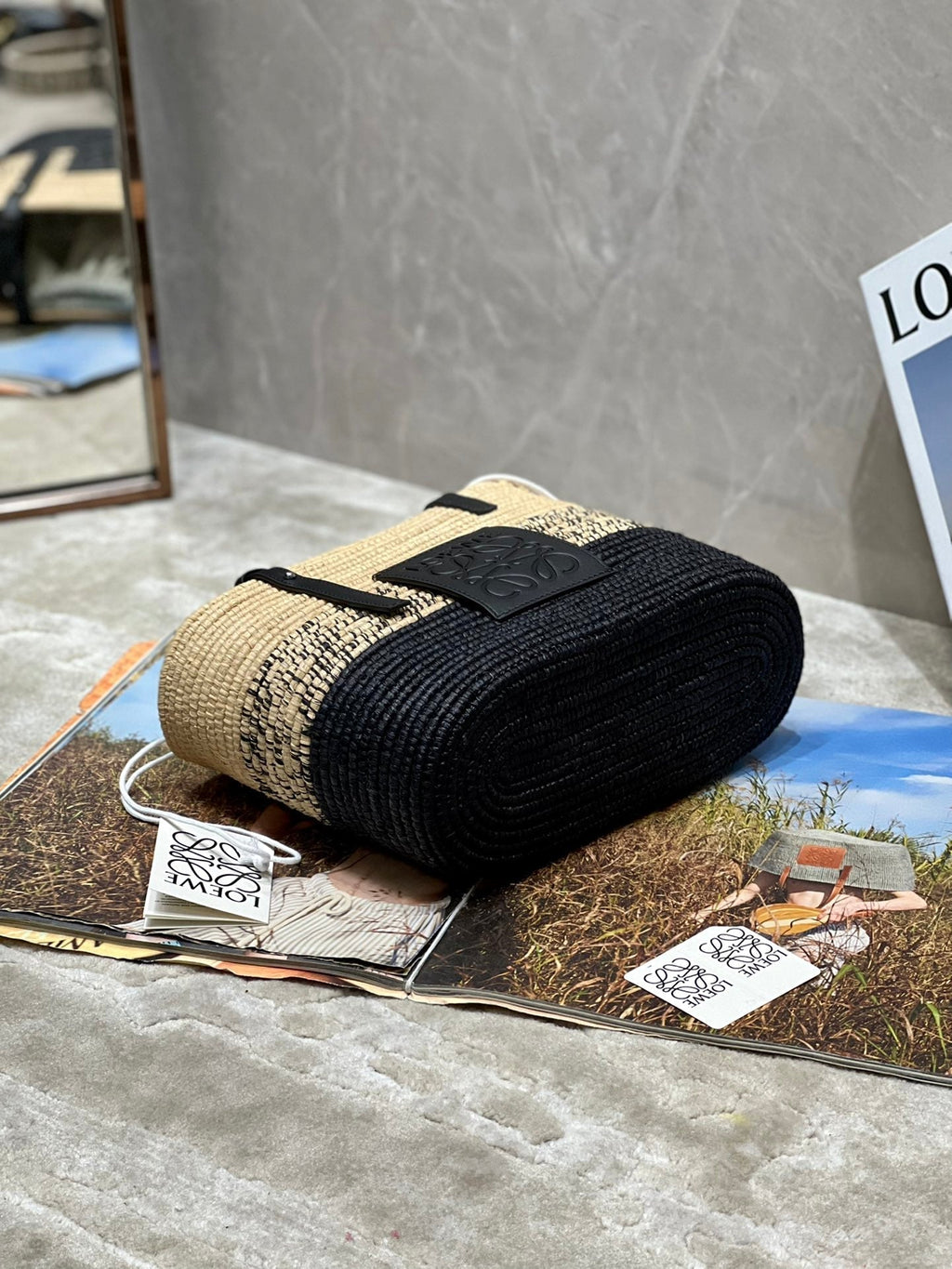 LOEWE LOE BASKET BAG 28 IN NATURAL MIX BLACK RAFFIA