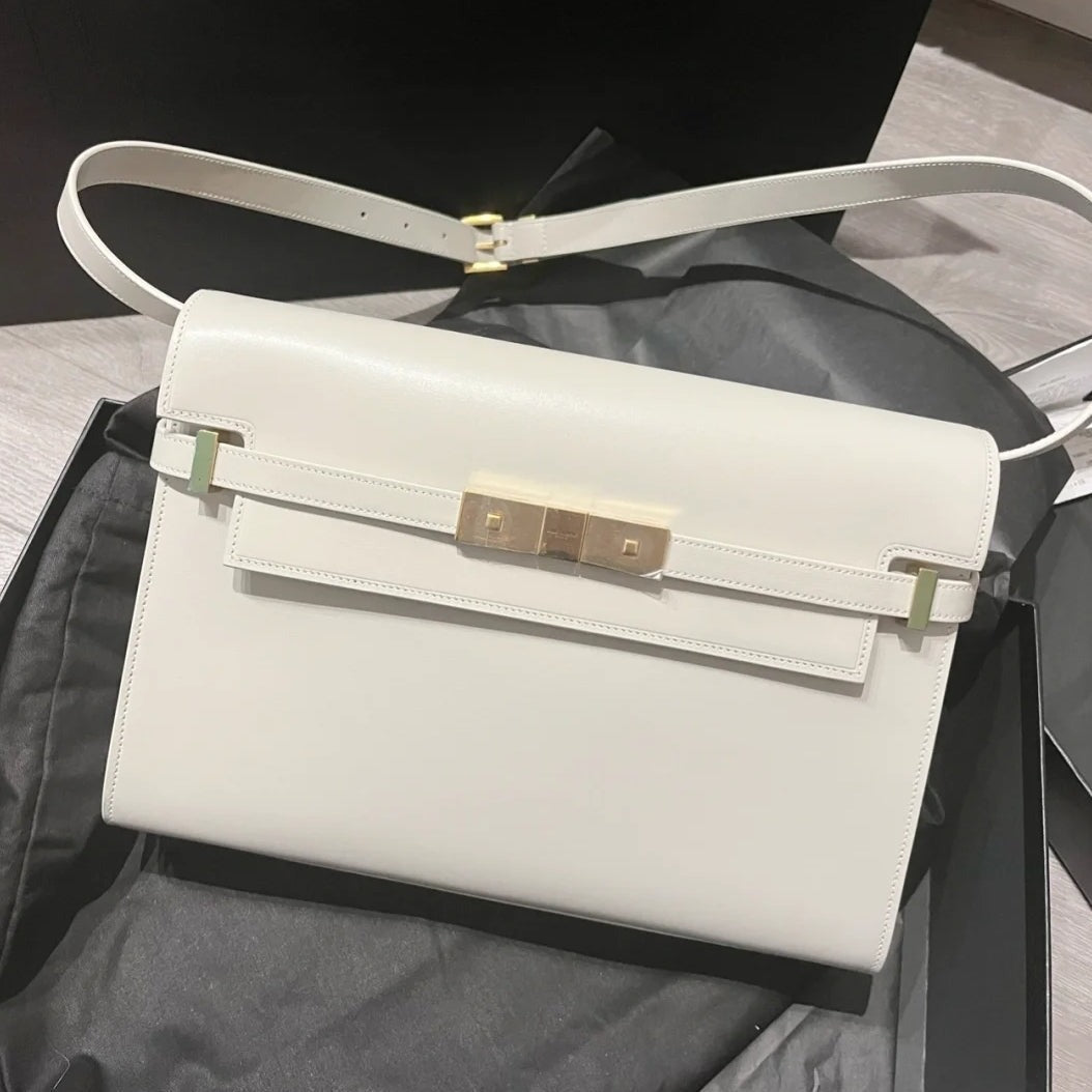 SAINT LAURENT MANHATTAN 29 TOP-HANDLE IN SMOOTH WHITE CALFSKIN