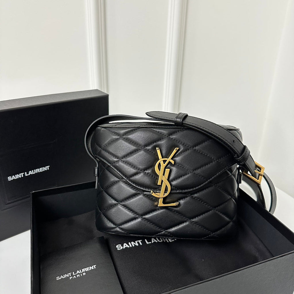 SAINT LAURENT JUNE 19 BLACK QUILTED LAMBSKIN WITH GOLD LOGO BOX BAG
