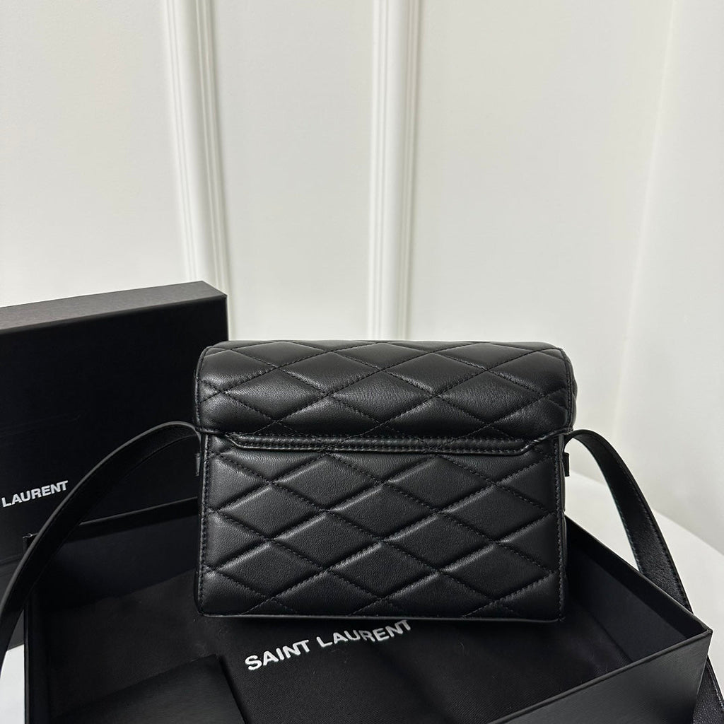 SAINT LAURENT JUNE 19 BLACK QUILTED LAMBSKIN WITH GOLD LOGO BOX BAG