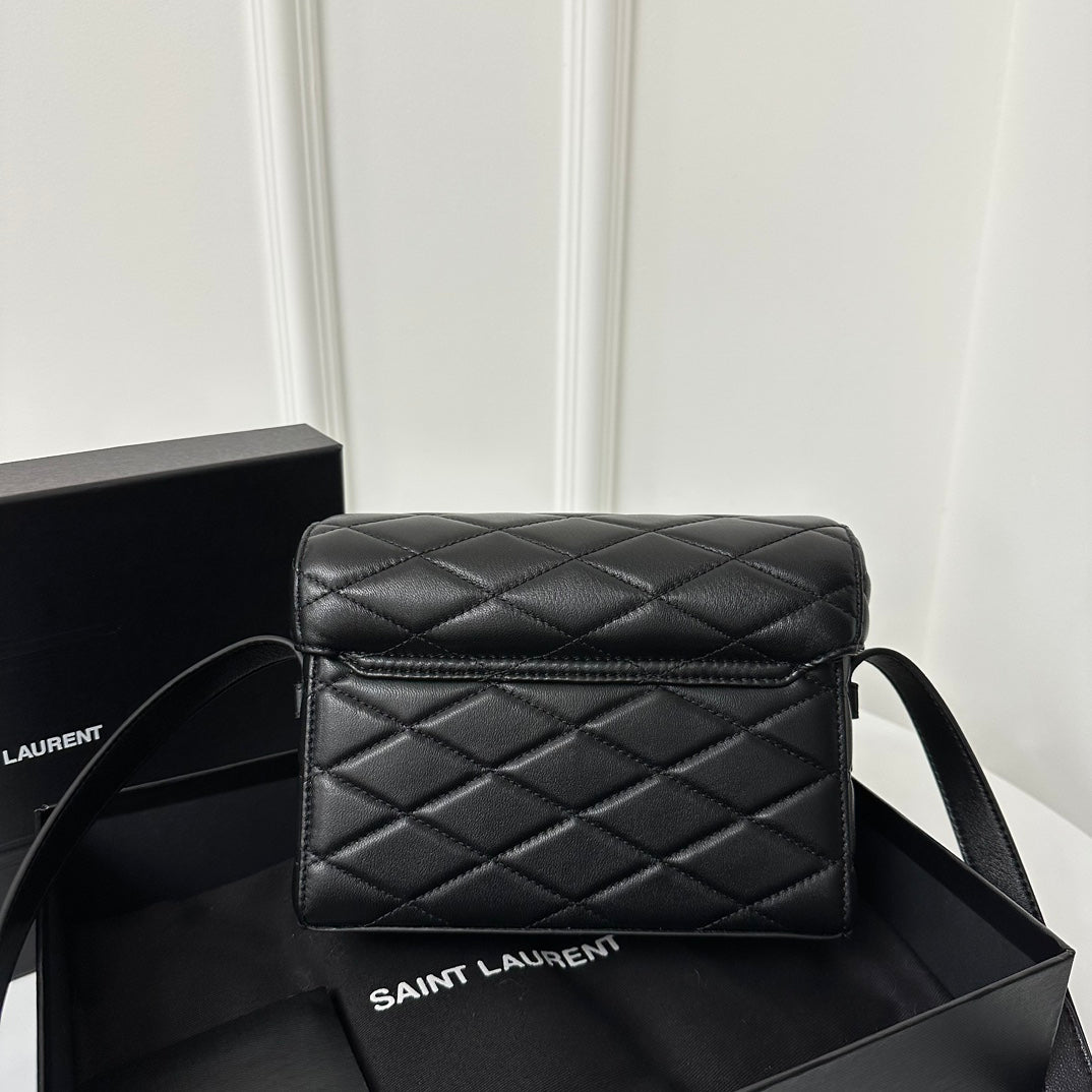SAINT LAURENT JUNE 19 BLACK QUILTED LAMBSKIN WITH GOLD LOGO BOX BAG
